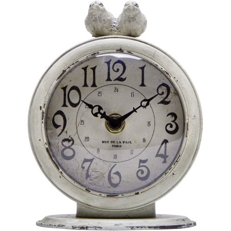 Shabby Chic Pewter Round Quartz Table Clock with 2 Birds - Distressed White