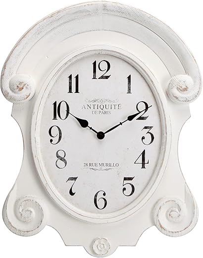 Shabby Chic Wooden Wall Clock Farmhouse Rustic White Decorative Wooden Carved Clock Irregular Elegant Battery Operated Wall Clock for Living Room Décor - 16.73 x 2.20 x 21.46