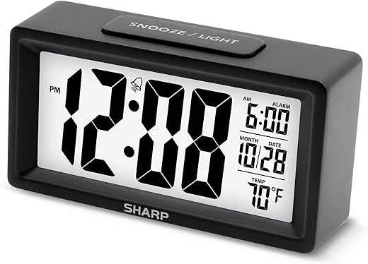 Sharp Alarm Clock with Indoor Temperature, Nightlight, Calendar, Battery Operated Digital Small Clock for Bedrooms or Travel, Black