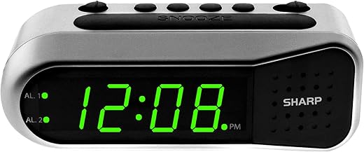 Sharp Digital Alarm Clock - Ascending Alarm Begins Faintly and Grows Increasing Louder, Gentle Wake Up Experience, Dual Alarm - Battery Back-up, Easy to Use with Simple Operation (Brushed Silver)