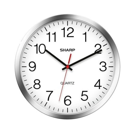 Sharp Modern 12 Quartz Round Wall Clock, Silent Non-Ticking, Silver/Chrome Frame for Home & Office