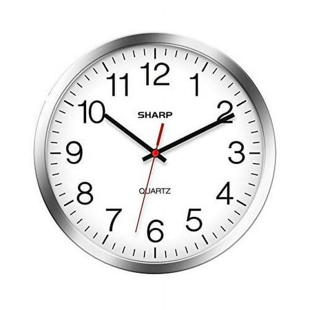 SHARP Wall Clock Silver/Chrome, Silent Non Ticking 10 Inch Quality Quartz Battery Operated Round Easy to Read Home/Kitchen/Office/Classroom/School Clocks, Sweep Movement