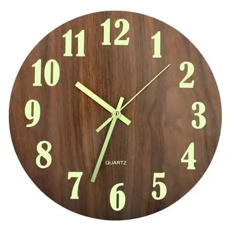 Shenbbrba 12 inch Luminous Wooden Round Silent Non-Ticking Quartz Wall Clocks, Large Numbers and Hands, Easy to Read Both Day and Night