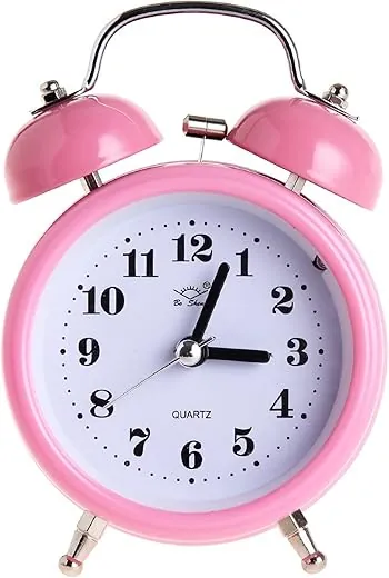 SHISEDECO 3 Inches Cute Twin Bell Loud Alarm Clock Silent Analog Quartz Nightlight Clock Battery Operated for Kids, Seniors, Heavy Sleepers, Decorations for Bedroom, Living Room (Round-Pink)