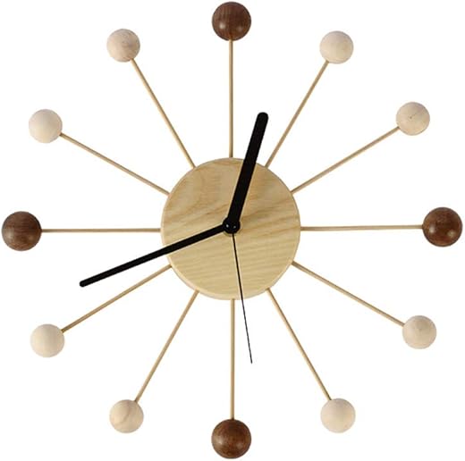 SHISEDECO Art Ball Clock in Wood and Bamboo, Decorative Modern Silent Wall Clock for Home,Bedroom,Kitchen,Living Room,Office etc. - Creative Wooden Mid Century Retro Design (Wood Bamboo Natural)