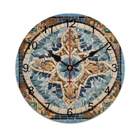 Silent Wall Clock 25cm/9.84in Round Wall Clock Mediterranean Style Mosaic Around Hanging Clock for Home Living Room Bedroom Kitchen Non Ticking Battery Operated Living Room Mute Clock