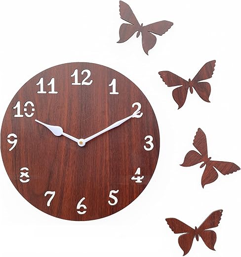 Simple-Butterflies Manufactured Wood 10 inch Designer Wall Clock for Home and Kitchen - Brown