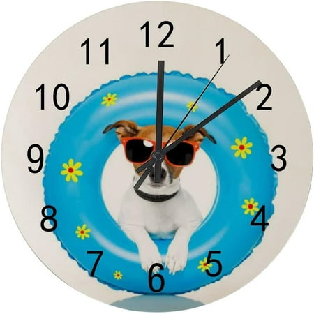 SKYSONIC Silent Wooden Round Wall Clock Dog Sunbathing with Air Mattress Non Ticking Battery Operated Clocks for Home Office Living Room Bedroom