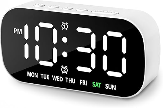 Small Digital Alarm Clocks for Bedrooms, 5 Levels Brightness Plug in Digital Clock Dual Alarm 12/24H and Snooze, Simple Large Numbers Bedside Loud Alarm Clock for Heavy Sleepers Adults Teens(White)