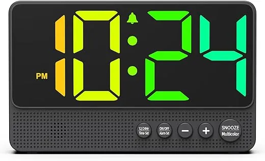 Small LED Digital Clock for Bedroom, Loud Alarm Clock for Heavy Sleepers Adults, Teens | Plug-In Electric Desk Clock | Simple Bedside Nightstand Clock with Adjustable Volume/Brightness/Snooze – RGB