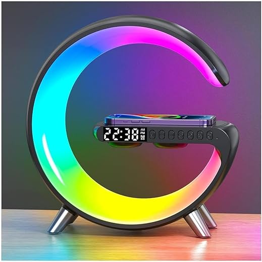 Smart LED Table Lamp,4 in 1 Night Light,Wireless Charger,Alarm Clock and Bluetooth Speaker with App Control Color Changing Lamp for Bedroom, Office, and Home Decor (Black)