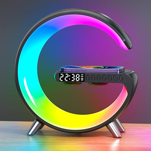 Smart LED Table Lamp，Bluetooth Speaker Alarm Clock with Wireless Charger，with App Control for Bedroom, Office, and Home Decor (Black)