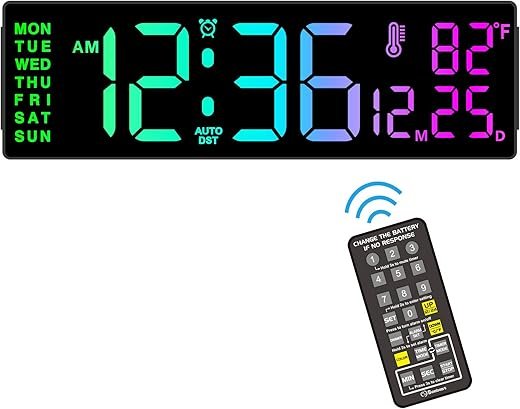 Soobest 14.2 Large Remote Digital Wall Clock with Timer for Living Room Home Gym, Plug in Big LED Electric Color Changing Clock with Date Day of Week Temperature Display for Elderly Seniors, Auto DST