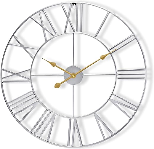 Sorbus Large Wall Clock for Living Room Decor - 12 inch Big Wall Clock Decorative - Battery Operated - Roman Numeral Analog Large Clock for Bedroom, Room, Home, Kitchen, Office, Wall Decor (Silver)