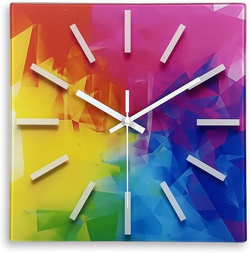 Square Glass Wall Clock Silent - Analog Wall Clock Battery Operated 14 Inch - Colorful Wall Clock for Kitchen Living Room Bedroom Classroom