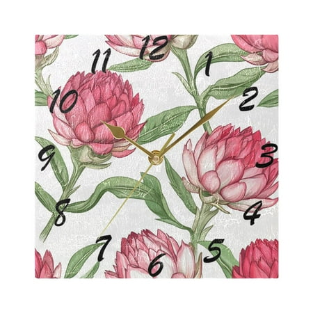 Square Wall Clock Silent Non-Ticking Battery Operated Retro 7.78 Clock for Bedroom Living Room Decor Pink and Red Artichoke Flower