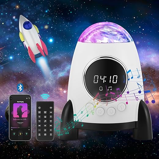 Star Projector with Alarm Clock,Rocket Galaxy Projector for Bedroom, Bluetooth Speaker and White Noise Aurora Projector