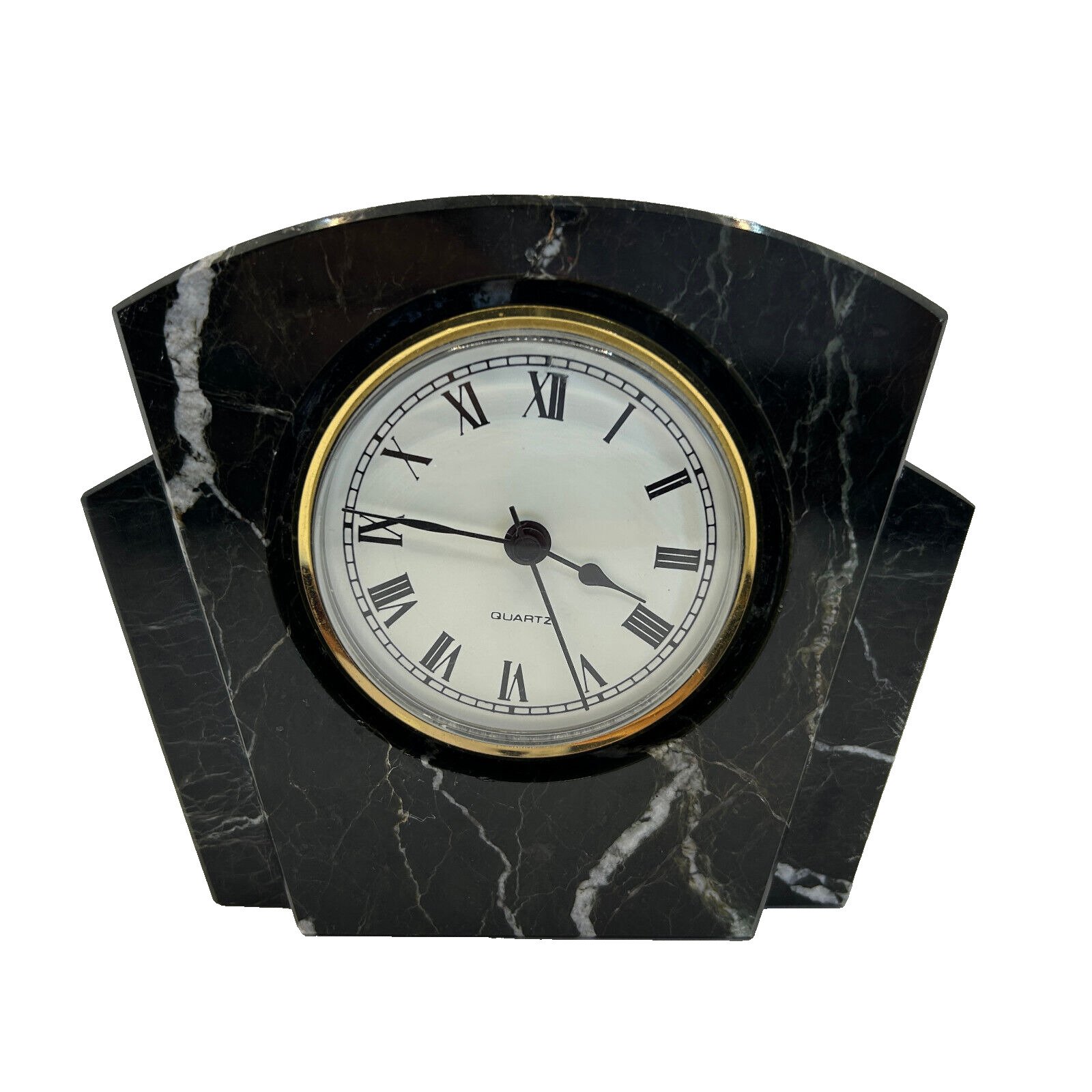 Stone Marble Table Desk Clock Zebra Black And White Heavyweight Quartz Vintage