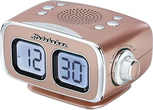 Studebaker Large Display LCD AM/FM Retro Clock Radio USB Bluetooth Aux-in Bedroom Kitchen Counter Small Footprint SB3500 (Rose Gold)