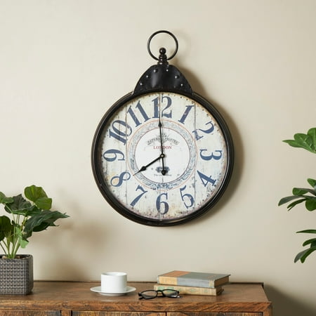 Studio 350 Black Metal Distressed Pocket Watch Inspired Decorative Wall Clock with Beige Clockface