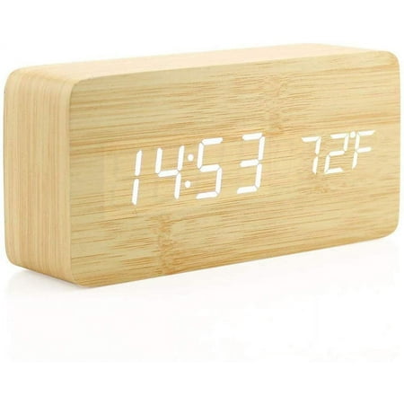 Stylish Wooden Digital Alarm Clock with USB Power Supply and Voice Control – Bamboo Design