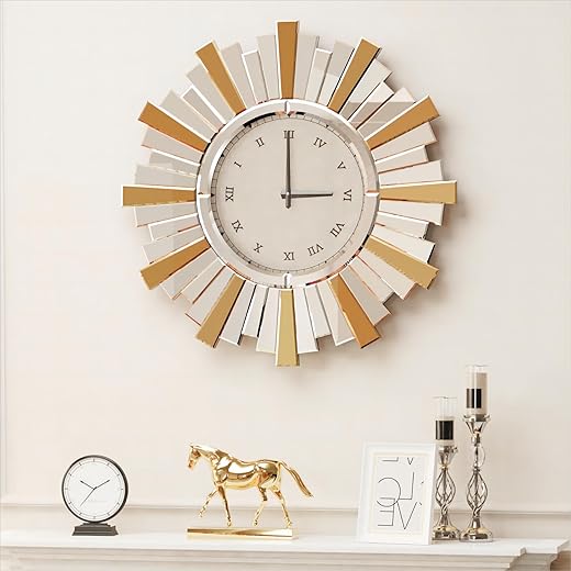 Sunburst Mirrored Wall Clock: 24 inch Big Round Clock Wall-Mounted with Bling Crystal Glass Mirrors Sun-Bursting Decorative Edge Beveled Frame for Modern Home Livingroom Art Decor