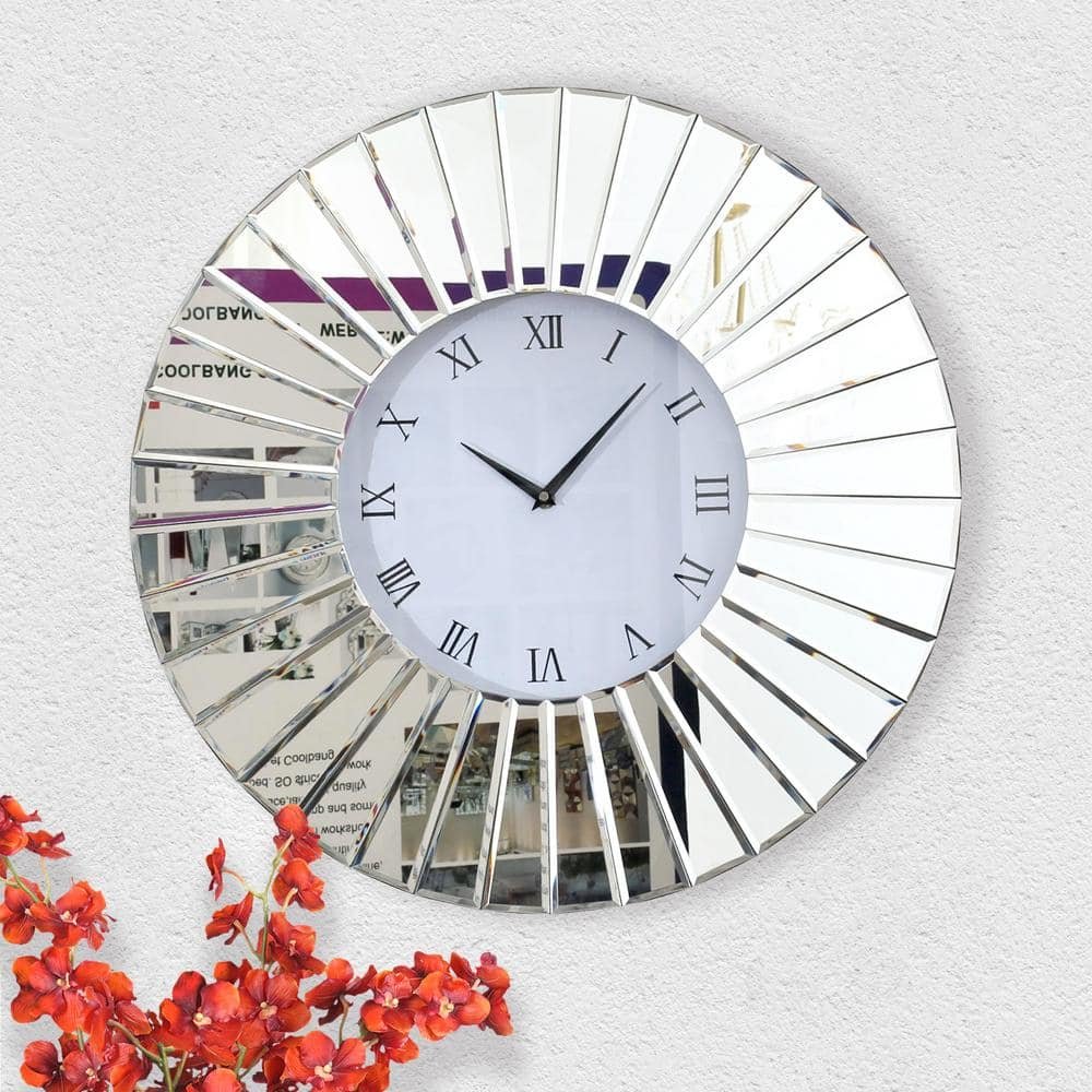 Sunburst Silver Analog Roman Numeral Mirror Frame Decorative Wall Clock