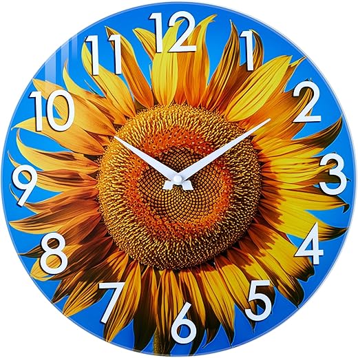 Sunflower Decor Indoor Outdoor Clock Waterproof,14 Inch Glass Large Wall Clocks for Patio Pool Garden Living Room Kitchen Decor,House Warming Gifts