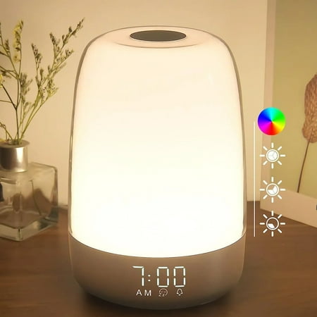 Sunrise Alarm Clock, Wake up Light Alarm Clock, 3 Ways Dimmable Modern Small Digital RGB Bedside Lamp for Heavy Sleeper