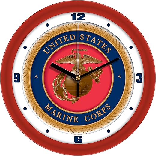 SunTime U.S. Marines 11.5" Wall Clock, Non Ticking Silent Movement, Red Bezel with Glass Face