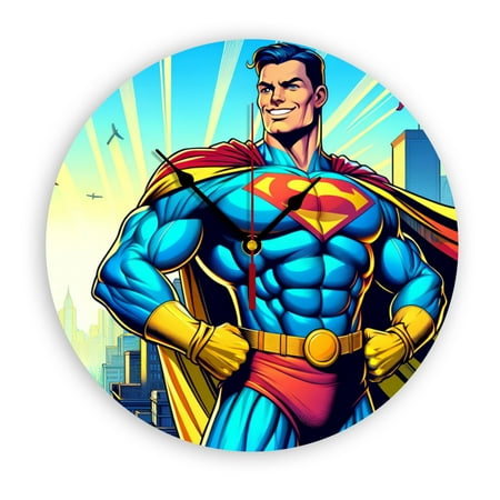 Superman Wall Clock, Clear Glass Dial, Silent and No Ticking Sound, Suitable for Bedroom, Office, School, Home and Living Room as a Gift or Decoration, Large Size 12 Inches