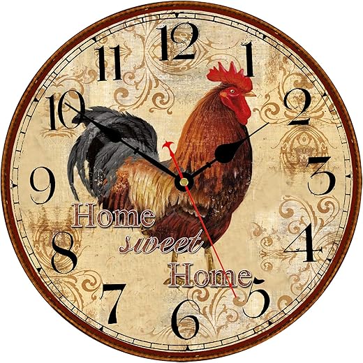 TAHEAT Farmhouse Rooster Wall Clock Battery Operated Silent Arabic Numerals Clock, Country Vintage Wall Clocks for Home/Office/School, 8 Inch