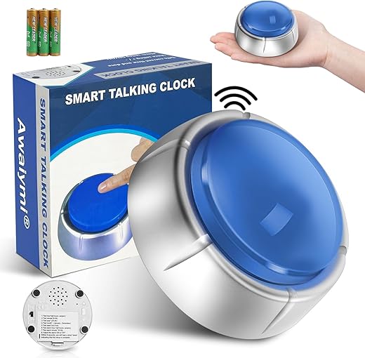 Talking Button Clock, Talking Alarm Clock for Blind, Talking Clock Volume Control, Announcing Time, Date and Week of Day, Gift Clock for The Blind, Elderly or Visually Impaired (Silver&Blue)