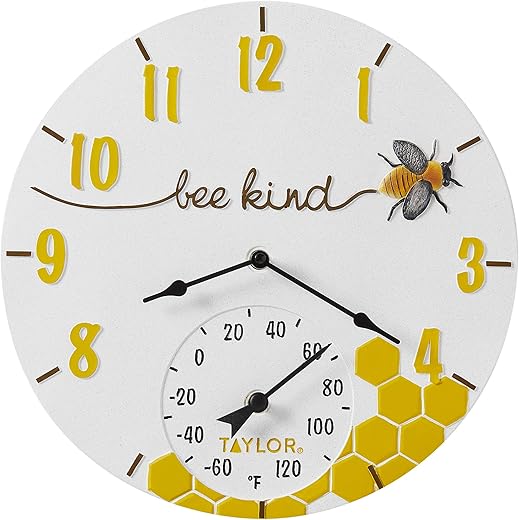 Taylor Bee Kind Poly Resin Indoor and Outdoor Clock and Thermometer, Home Decor for Garden, Patio, Pool, and Indoor Areas, 14-inch, Multi-Color