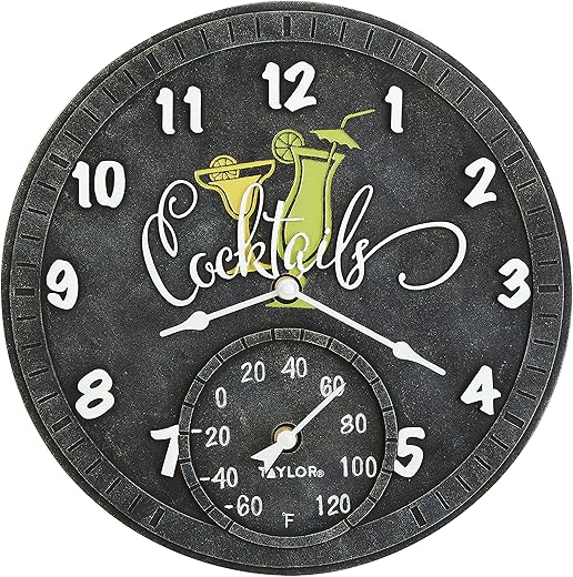 Taylor Cocktail Poly Resin Indoor and Outdoor Clock and Thermometer, Home Decor for Garden, Patio, Pool, and Indoor Areas, 14-inch, Multi-Color