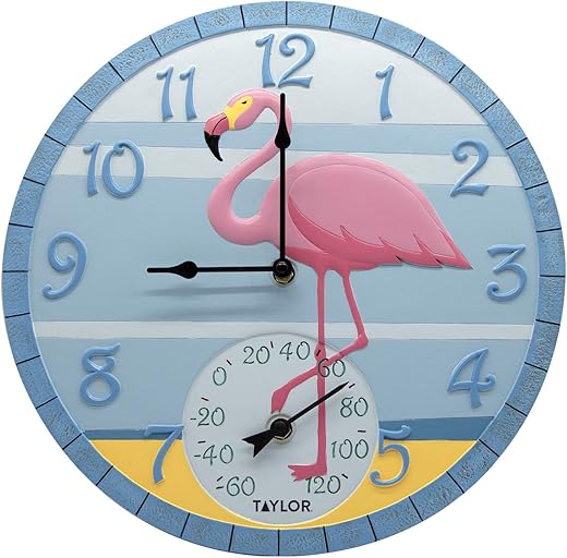 Taylor Flamingo Poly Resin Indoor and Outdoor Clock and Thermometer, Wireless Thermometer with Easy to Read Large Numbers for Patio, Pool, and Indoor Areas, 14-inch, Multi-Color