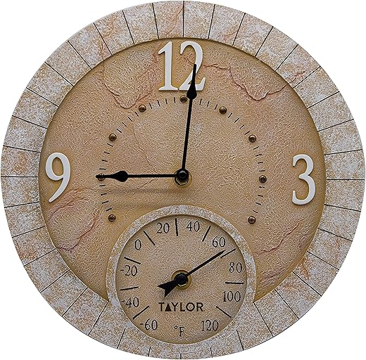 Taylor Terra Cotta Poly Resin Indoor and Outdoor Clock and Thermometer, Home Decor for Garden, Patio, Pool, and Indoor Areas, 14-inch, Multi-Color