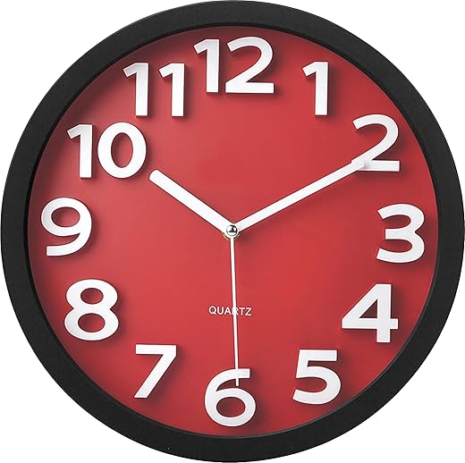 Tempus TC62127R Contemporary Wall Clock with Raised Contrasting Numerals and Silent Sweep Quiet Movement, 13", Red/Black