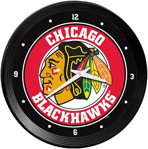 The Fan Brands NHL Chicago Blackhawks: Ribbed Frame Wall Clock - Sports Team Bar Sign Décor - Home Man Cave, Party Decoration - Made On Demand