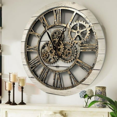 THE GEARS CLOCK Wall Clock with Real Moving Gears AM-LI_ 24 in Round White-Farmhouse