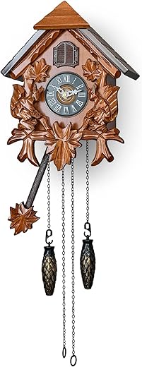 TIMEGEAR Cuckoo Wall Clock with Night Mode in Traditional German Style with Carved Squirrels (Cherry)