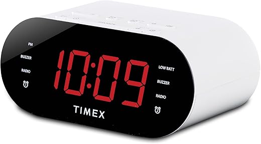 Timex Alarm Clock for Bedroom with FM Radio and 10 Station Presets, Clock Radio with USB Charging, Dual Alarms and Large Display- White(T232W)