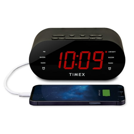 Timex Alarm Clock for Bedroom with FM Radio and 10 Station Presets, Clock Radio with USB – Black (T232B)