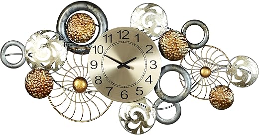 Touch of Class Bronxx Metal Wall Art Clock | Large Hanging Sculpture | Chic Abstract Quality, Gold, Silver, Bronze | Dimensional Openwork Design | Circular Collage