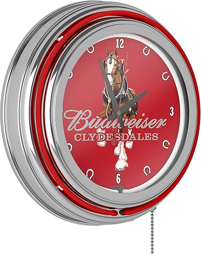 Trademark Global Budweiser Retro Neon Wall Clock, 14" Decorative Plug in or Battery Operated Analog Clock with Pull Chain