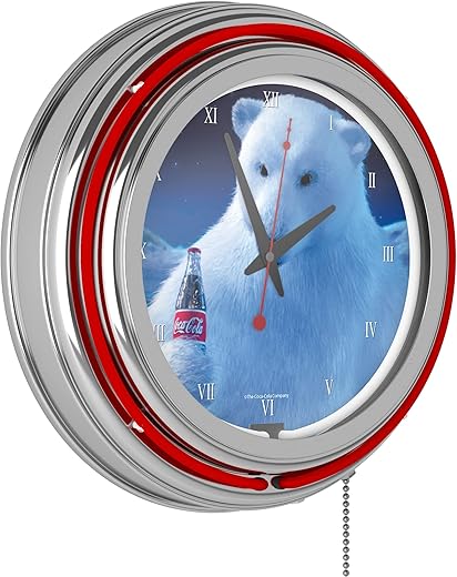 Trademark Global Coca-Cola Retro Neon Wall Clock, 14 Decorative Plug in or Battery Operated Analog Clock with Pull Chain