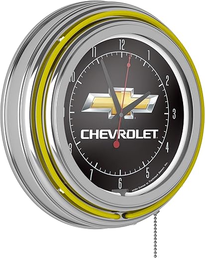 Trademark Global Neon Clock - Retro Chevrolet Logo Analog Wall Clock with Pull Chain - for Kitchen, Garage, Game Room, or Home Bar