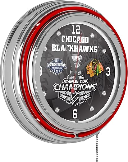 Trademark Global Neon Clock - Retro Chicago Blackhawks 2015 Stanley Cup Champs Analog Wall Clock with Pull Chain - for Kitchen, Garage, Game Room, or Home Bar