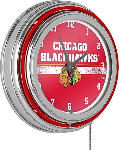 Trademark Global Neon Clock - Retro Chicago Blackhawks Logo Analog Wall Clock with Pull Chain - for Kitchen, Garage, Game Room, or Home Bar