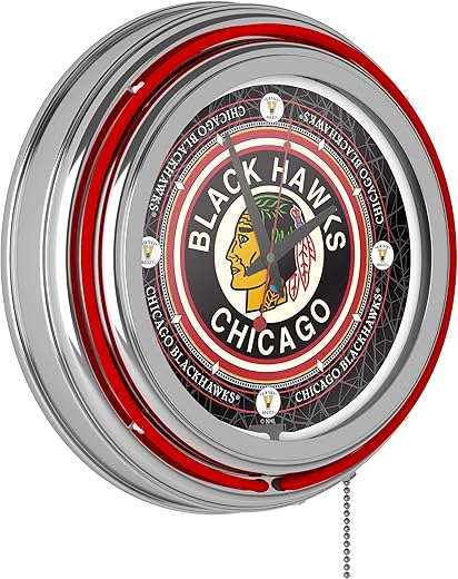 Trademark Global Neon Clock - Retro Chicago Blackhawks Throwback Analog Wall Clock with Pull Chain - for Kitchen, Garage, Game Room, or Home Bar